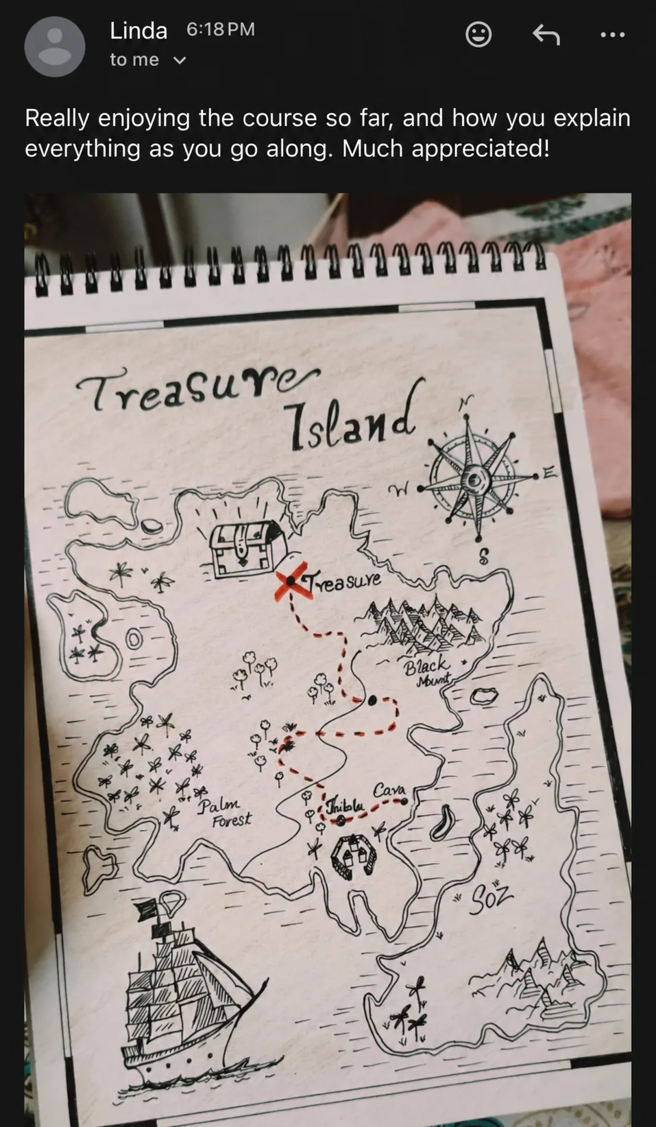 Email from Rohit with a photo of his Treasure Island map drawn in a sketchbook