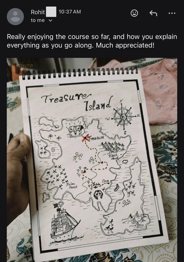 Email from Rohit with a photo of his Treasure Island map drawn in a sketchbook