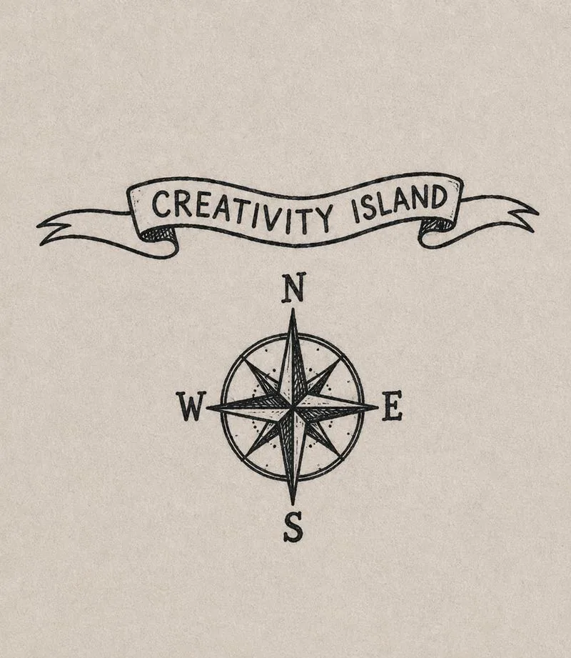 A hand-drawn pen and ink map title banner reading Creativity Island above a detailed eight-point compass rose