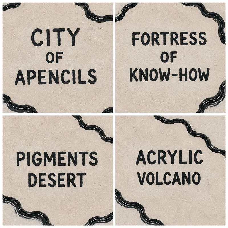 Four close-up crops of hand-lettered fantasy map place names in bold pen and ink: City of Apencils, Fortress of Know-How, Pigments Desert, and Acrylic Volcano