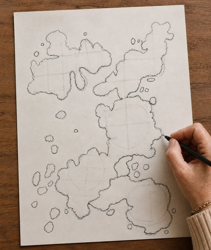 A hand sketching several rough island coastline shapes with pencil construction guidelines on paper