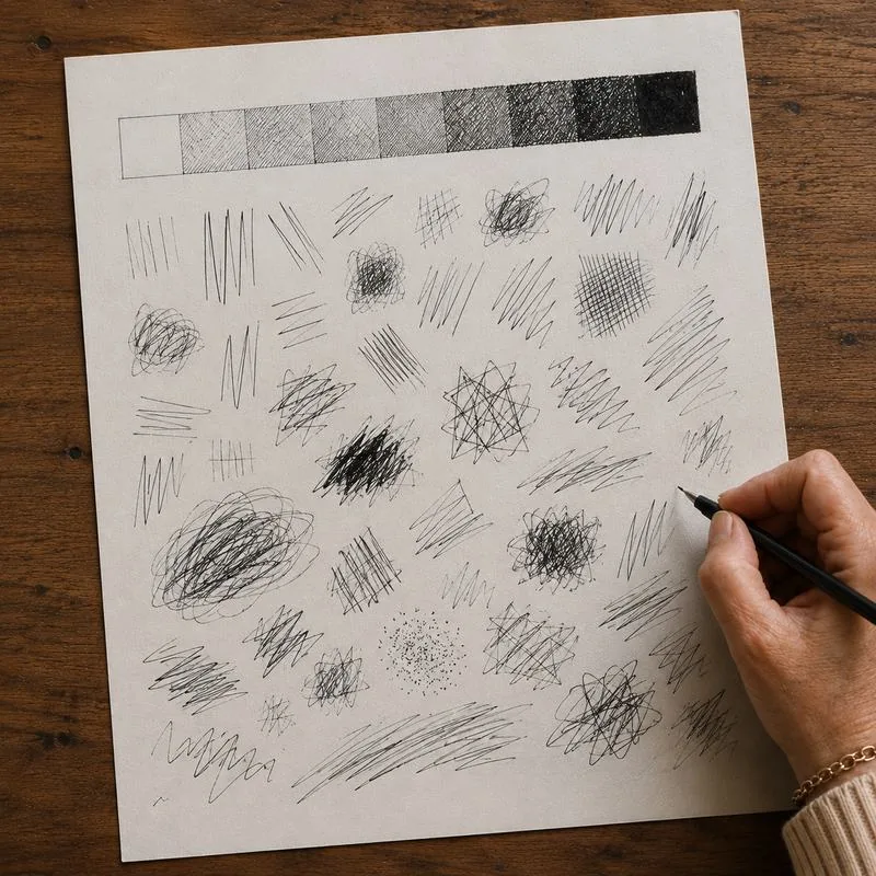 A hand-drawn pen and ink practice sheet showing a graphite value scale and rows of warm-up strokes and hatching marks, with a hand holding a pen