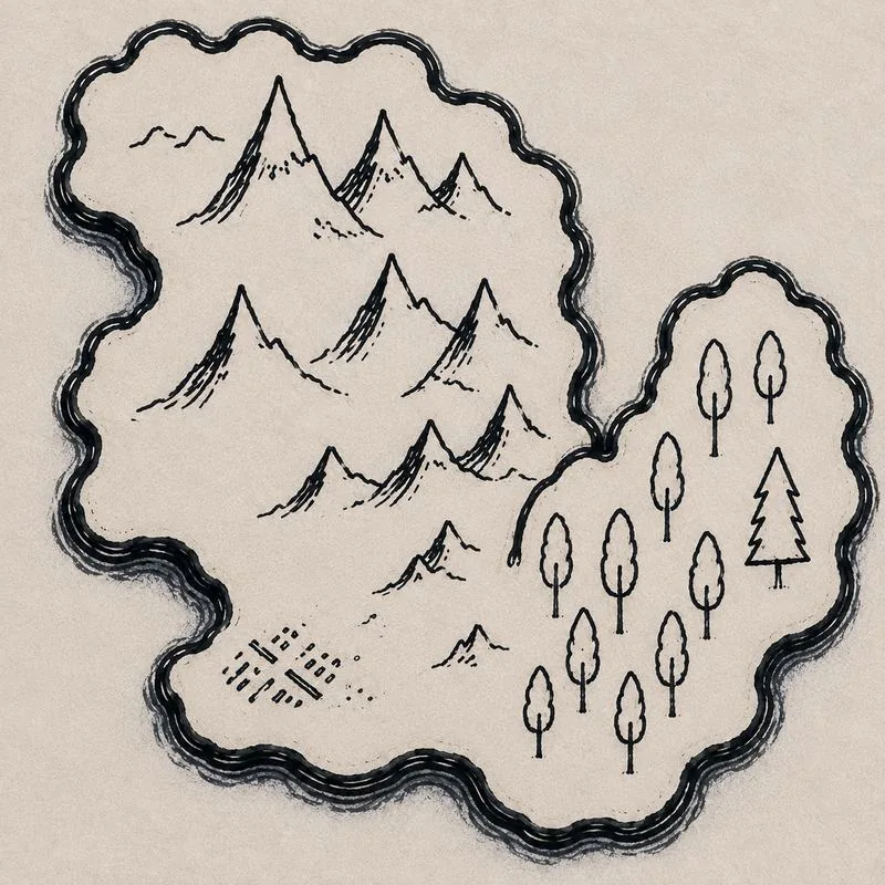 A hand-drawn fantasy map region showing rows of pen-and-ink mountain ranges and a cluster of pine and deciduous trees