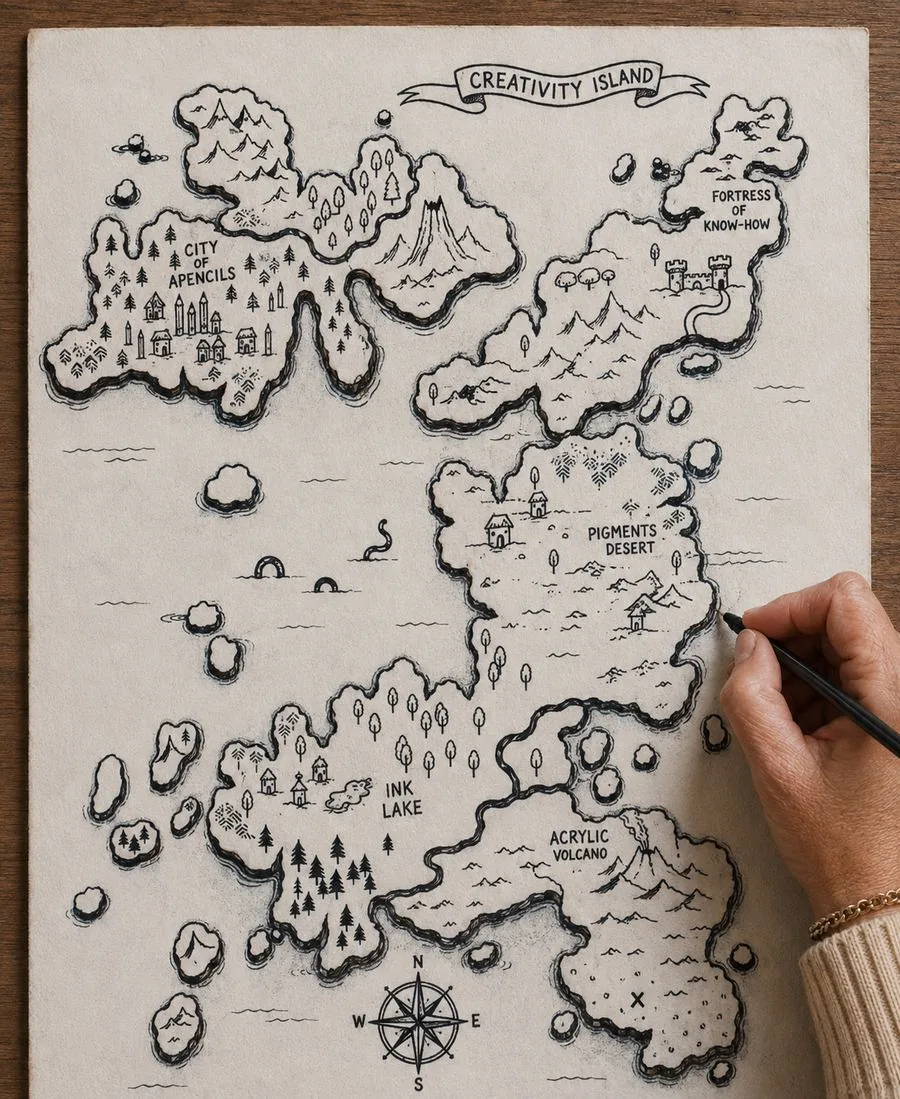 A hand-drawn fantasy map titled Creativity Island, mid-progress, with a hand holding a pen over one of the regions