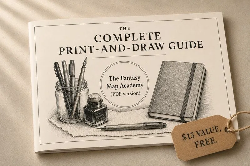 The Complete Print-and-Draw Guide PDF booklet mockup with a jar of pens, ink bottle, notebook, and pencil, tagged $15 value, free