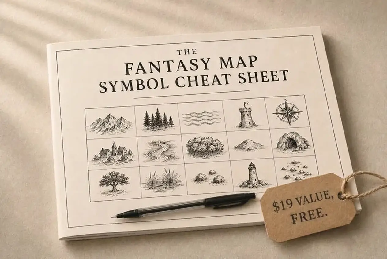 The Fantasy Map Symbol Cheat Sheet booklet mockup showing a grid of hand-drawn map symbols with a pen, tagged $19 value, free