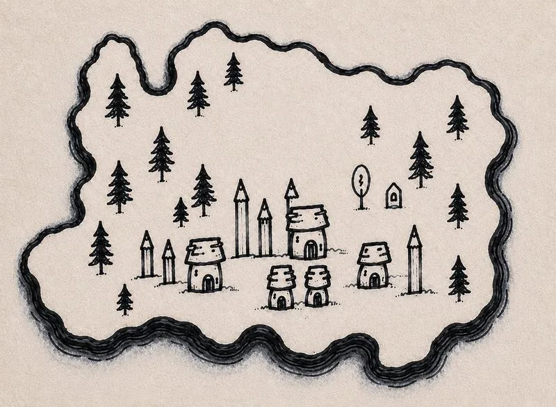 A hand-drawn fantasy map island with pencil-shaped towers, small cottages, and pine trees in pen and ink, showing a village nestled among the forest