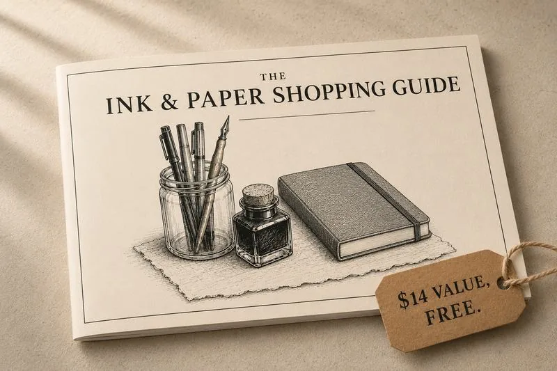 The Ink and Paper Shopping Guide booklet mockup with a jar of pens, an ink bottle, and a notebook, tagged $14 value, free