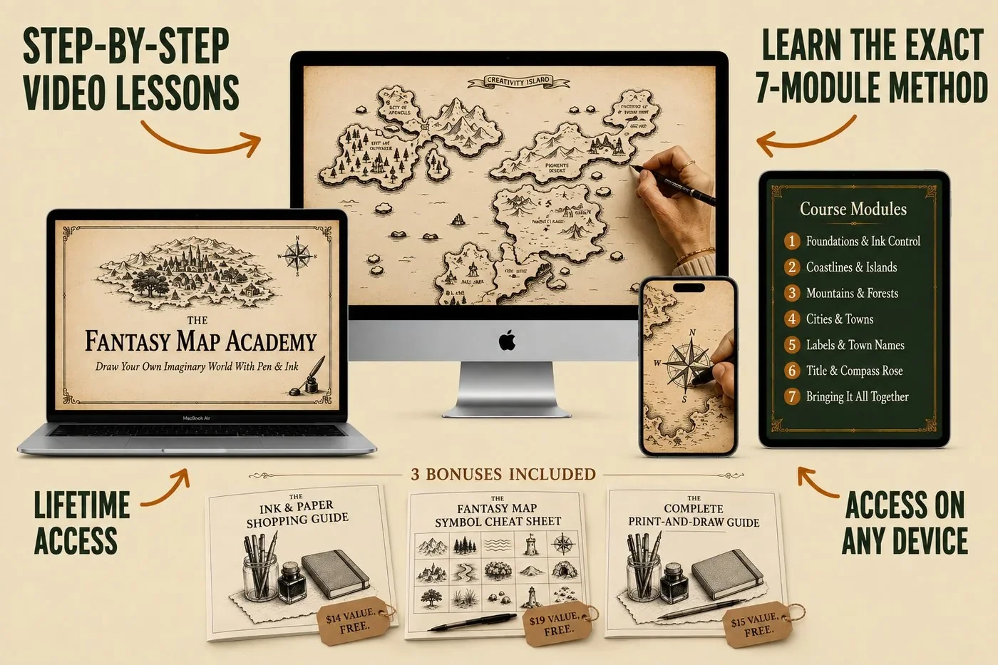 Fantasy Map Academy course and bonuses mockup shown across iMac, MacBook, iPhone, and iPad, plus the three printed bonus guides