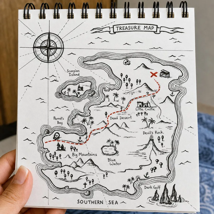 A hand holding a spiral-bound sketchbook showing a detailed hand-drawn treasure map with a compass rose, islands, mountains, and a dashed red path to an X marking buried treasure